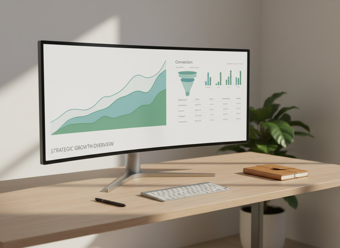 A sleek, modern workspace focused on a large ultra-wide monitor displaying a clean analytics dashboard with rising line graphs, funnel charts, and campaign performance metrics in muted blues and greens. The monitor sits on a light oak desk with a minimalist keyboard, a closed notebook, and a single pen arranged neatly. Soft daylight from an unseen window to the left washes across the desk, creating gentle, natural shadows and subtle reflections on the screen. Photographic realism with a professional, conversion-focused atmosphere. Shot at eye level with a shallow depth of field so the background fades into a soft blur of neutral walls and a distant plant, emphasizing clarity, focus, and strategic growth marketing.