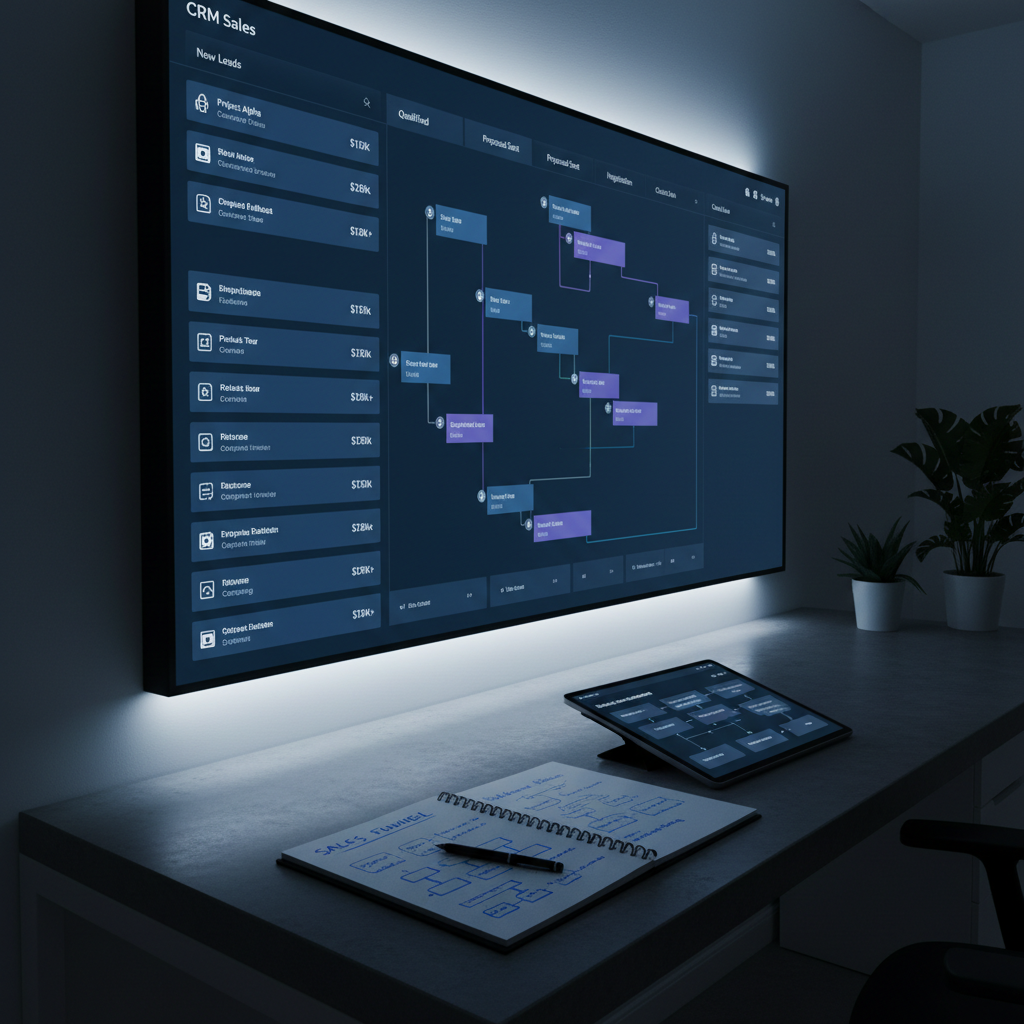A dark-mode CRM interface projected large on a wall-mounted screen in a dim, modern office, showing a detailed sales pipeline with clearly labeled stages, deal values, and automated tasks. Below, on a charcoal-toned desk, an open notebook with neatly written funnel notes and a tablet displaying an email automation flowchart rest on a smooth surface. Focused, cool-toned LED strip lighting along the back edge of the desk and under the screen creates a subtle halo, illuminating the digital interfaces while leaving the surroundings softly shadowed. Photographic realism with a high-tech, performance-driven atmosphere. Captured at a low, slightly angled perspective, emphasizing the towering presence of the CRM system and the depth of the workspace, symbolizing control and scalability in growth marketing operations.