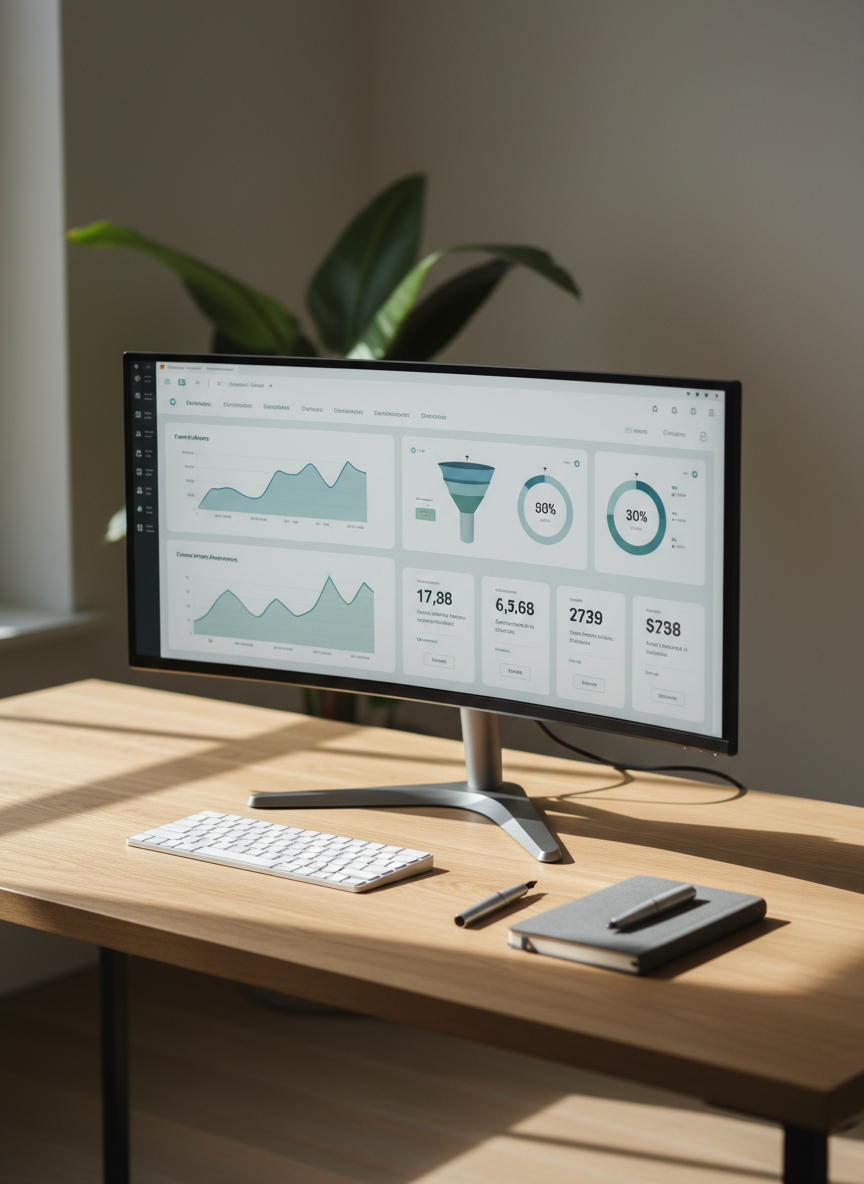 A sleek, modern workspace focused on a large ultra-wide monitor displaying a clean analytics dashboard with rising line graphs, funnel charts, and campaign performance metrics in muted blues and greens. The monitor sits on a light oak desk with a minimalist keyboard, a closed notebook, and a single pen arranged neatly. Soft daylight from an unseen window to the left washes across the desk, creating gentle, natural shadows and subtle reflections on the screen. Photographic realism with a professional, conversion-focused atmosphere. Shot at eye level with a shallow depth of field so the background fades into a soft blur of neutral walls and a distant plant, emphasizing clarity, focus, and strategic growth marketing.