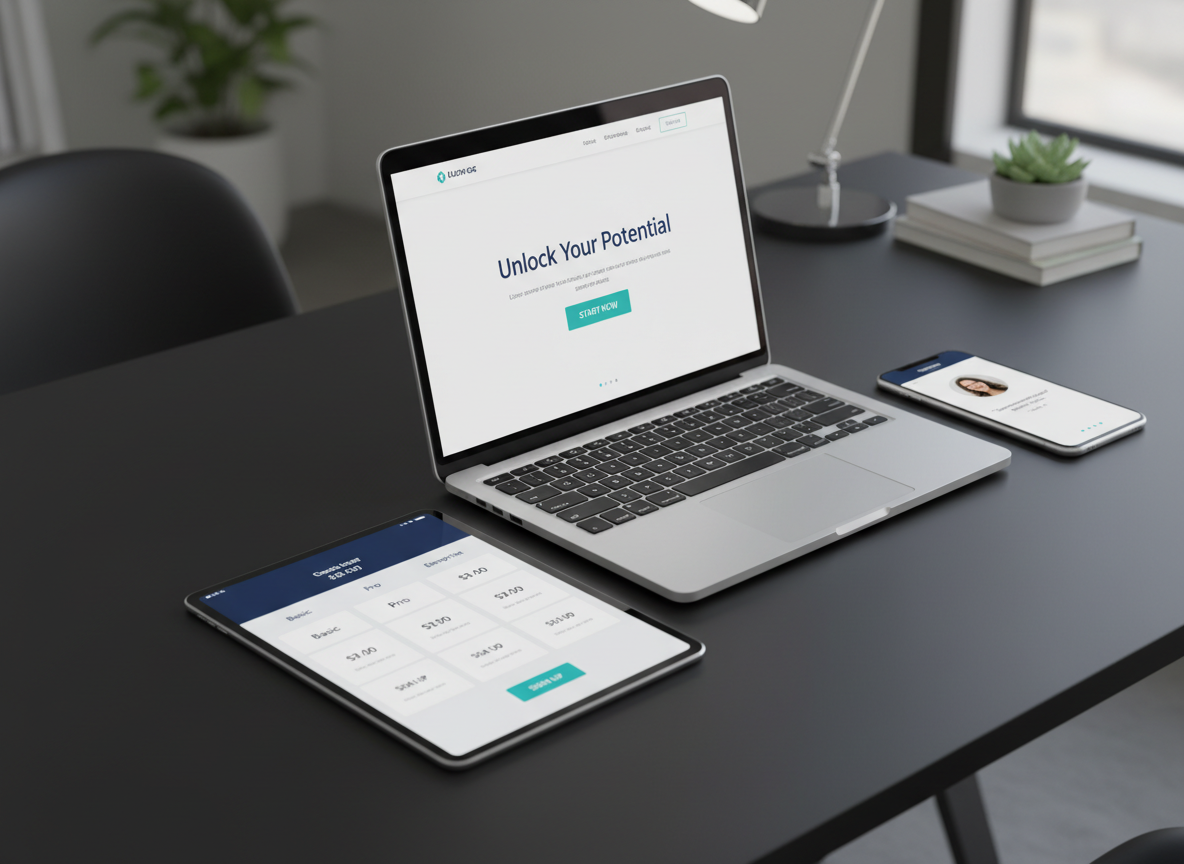 A high-conversion landing page layout displayed on a slim laptop, tablet, and smartphone arranged in a triangular composition on a matte black desk. Each screen shows different sections of the same website: a hero section with a bold call-to-action button, a structured pricing table, and a testimonial carousel, all using a modern, clean UI in navy, white, and accent teal. Overhead softbox lighting creates even, professional illumination with minimal glare, enhancing the crisp lines of the devices. Photographic realism with a calm, confident mood. Captured from a slightly elevated three-quarter angle, with sharp focus on the devices and a subtle bokeh of blurred office elements in the background, representing responsive, conversion-focused web design for growth marketing.