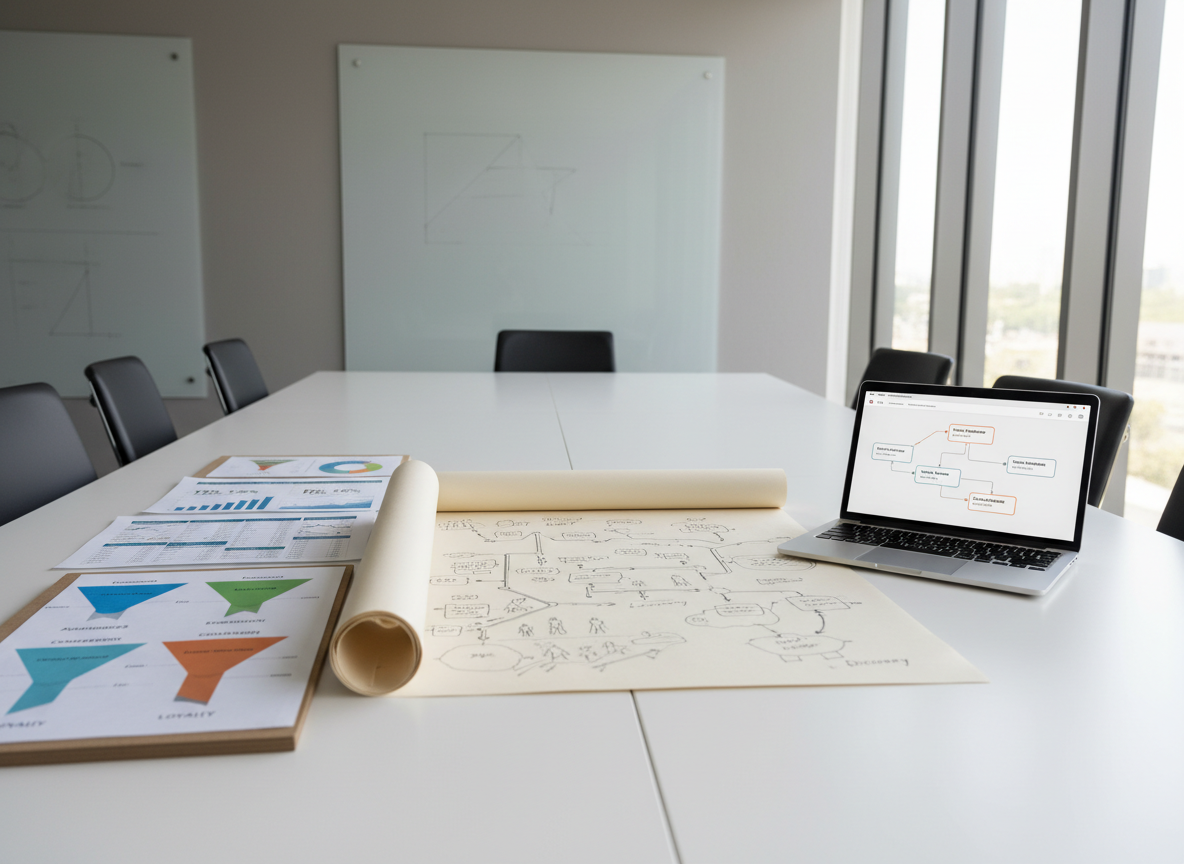 A collection of neatly arranged marketing strategy artifacts spread across a large white conference table: color-coded funnel diagrams on thick paper, printed campaign dashboards with CTR and ROAS metrics, a meticulously sketched customer journey map, and a silver laptop showing a CRM workflow automation canvas. A muted grey wall and glass board with faintly visible diagrams sit in the background. Natural daylight from floor-to-ceiling windows on the right creates balanced, diffused lighting and gentle reflections on the table’s surface. Photographic realism with an organized, analytical mood. Shot from a slightly elevated angle with deep depth of field so every element is crisp, conveying methodical planning, scalable systems, and the structured nature of performance marketing.